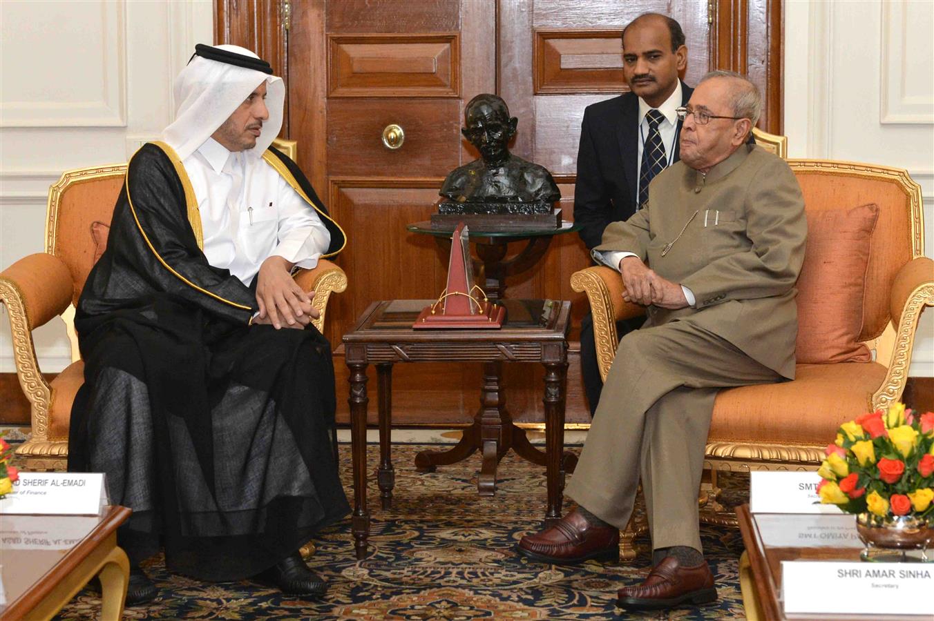 The Prime Minister and Minister of Interior State of Qatar, H.E. Sheikh Abdullah Bin Nasser Bin Khalifa Al Thani calling on the President of India, Shri Pranab Mukherjee at Rashtrapati Bhavan on on December 3, 2016.