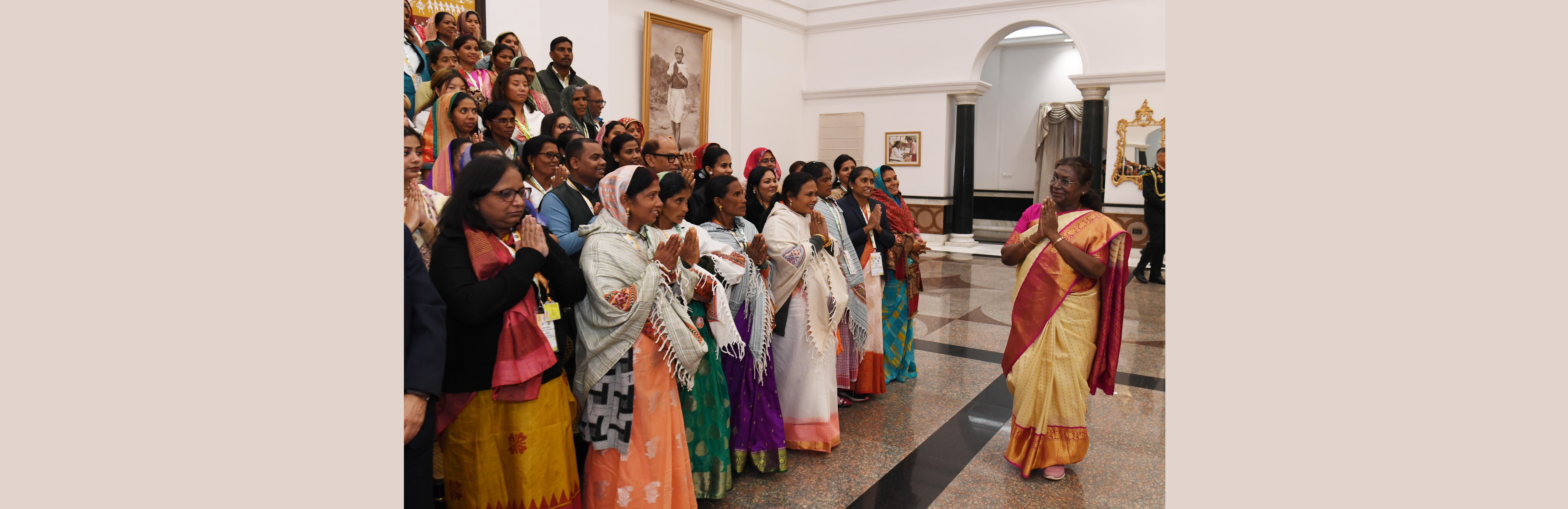  A group of Scheduled Tribe women representatives of Panchayati Raj Institutions called on the President of India, Smt Droupadi Murmu at Rashtrapati Bhavan Cultural Centre on January 6, 2025.