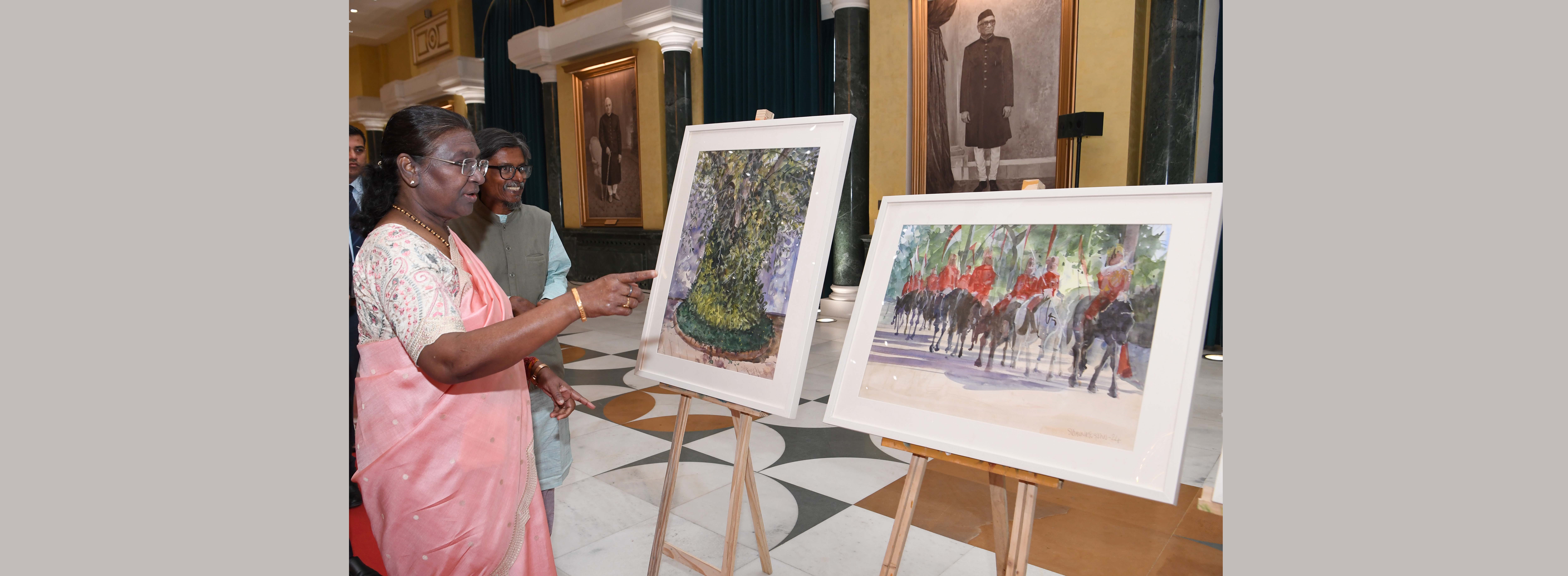 The President of India, Smt Droupadi Murmu witnessed an Art Exhibition at Rashtrapati Bhavan Cultural Centre on February 27, 2024.