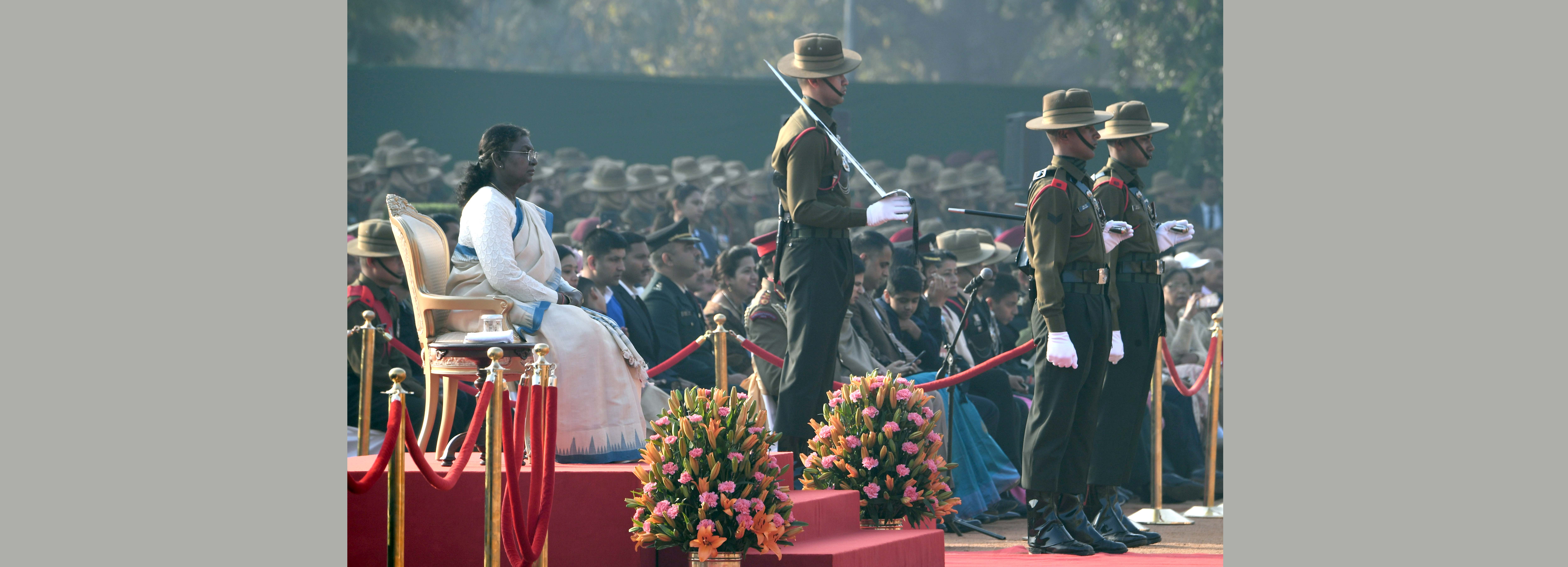 The President of India, Smt Droupadi Murmu witnessed the inaugural show of Change of Guard Ceremony in new format on February 16, 2025 at the Forecourt of Rashtrapati Bhavan.