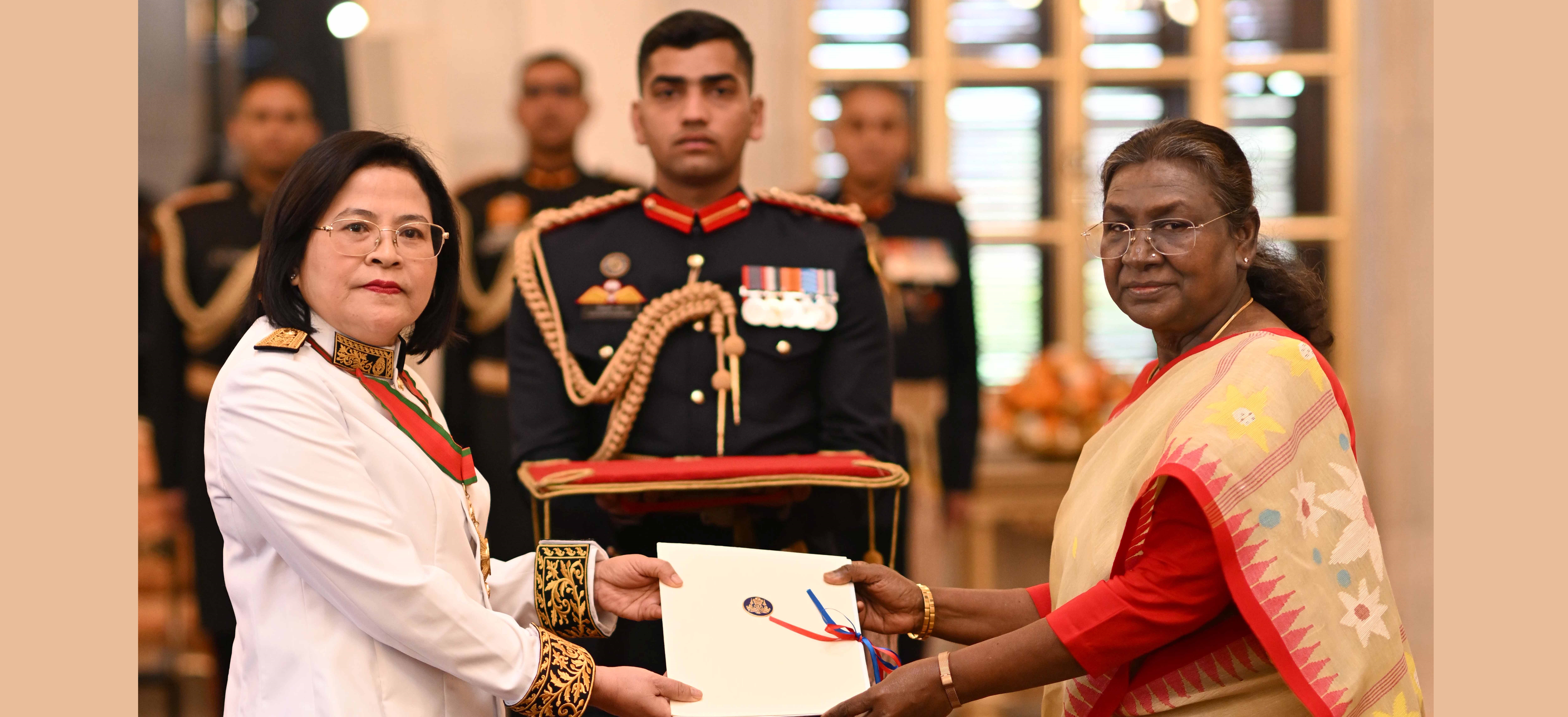 H.E. Ms Rath Many, Ambassador of Cambodia presenting credentials to the President of India, Smt Droupadi Murmu at a ceremony held at Rashtrapati Bhavan on February 17, 2025.