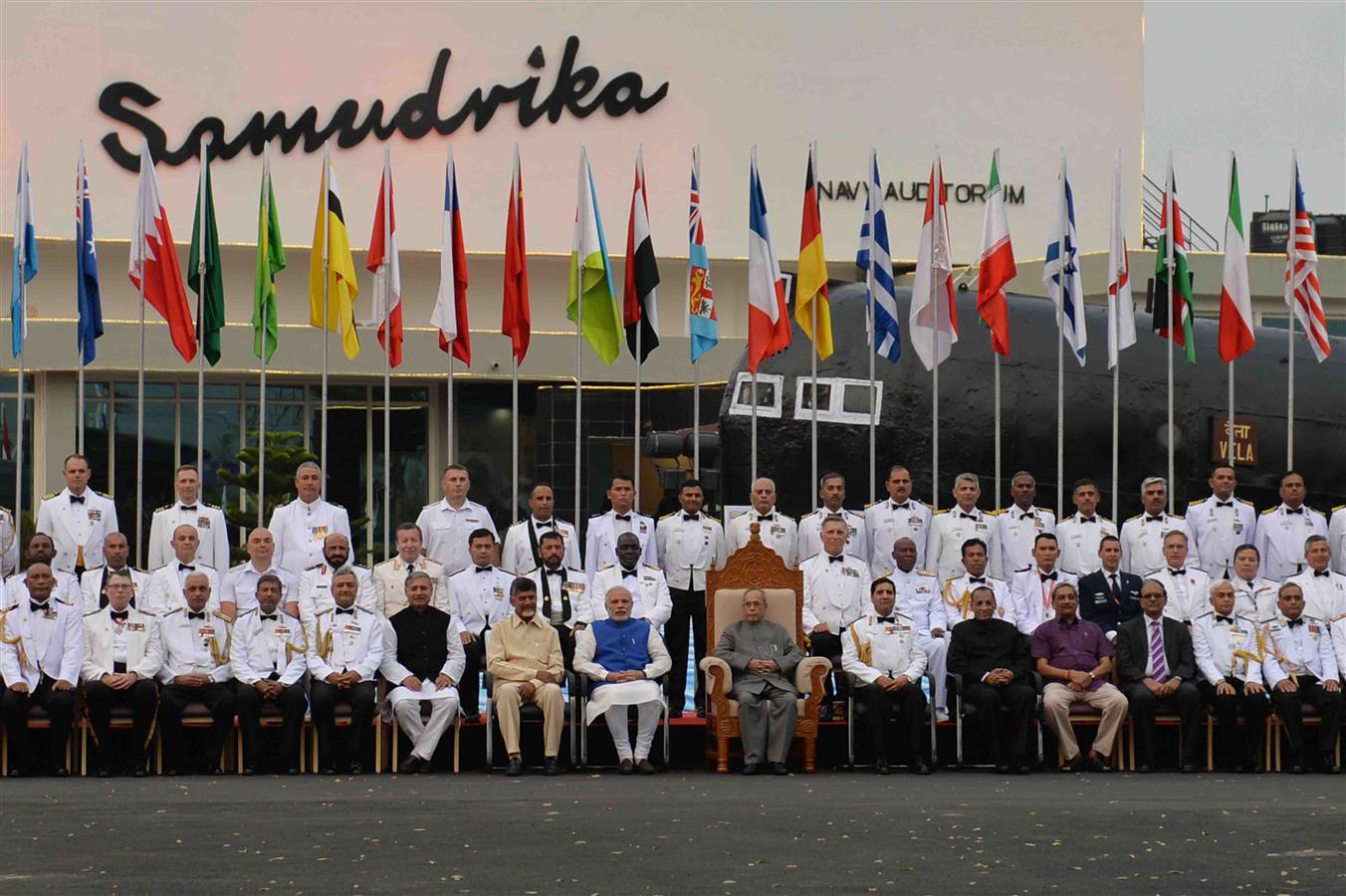 The President of India Shri Pranab Mukherjee with Naval Officer at Visakhapatnam in Andhra Pradesh on February 6, 2016 on the occasion of International Fleet Review 2016. 