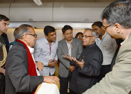 The President of India, Shri Pranab Mukherjee interacting with the media entourage on board his special aircraft on March 3, 2013 while on his way to State Visit to Bangladesh.