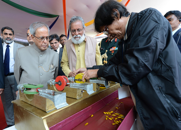 The President of India, Shri Pranab Mukherjee visiting the Annual Innovation Exhibition organized by the National Innovation Foundation at Sports Ground near Rashtrapati Bhavan Auditorium in New Delhi on March 7, 2014. Also the Executive Vice Chairperson 