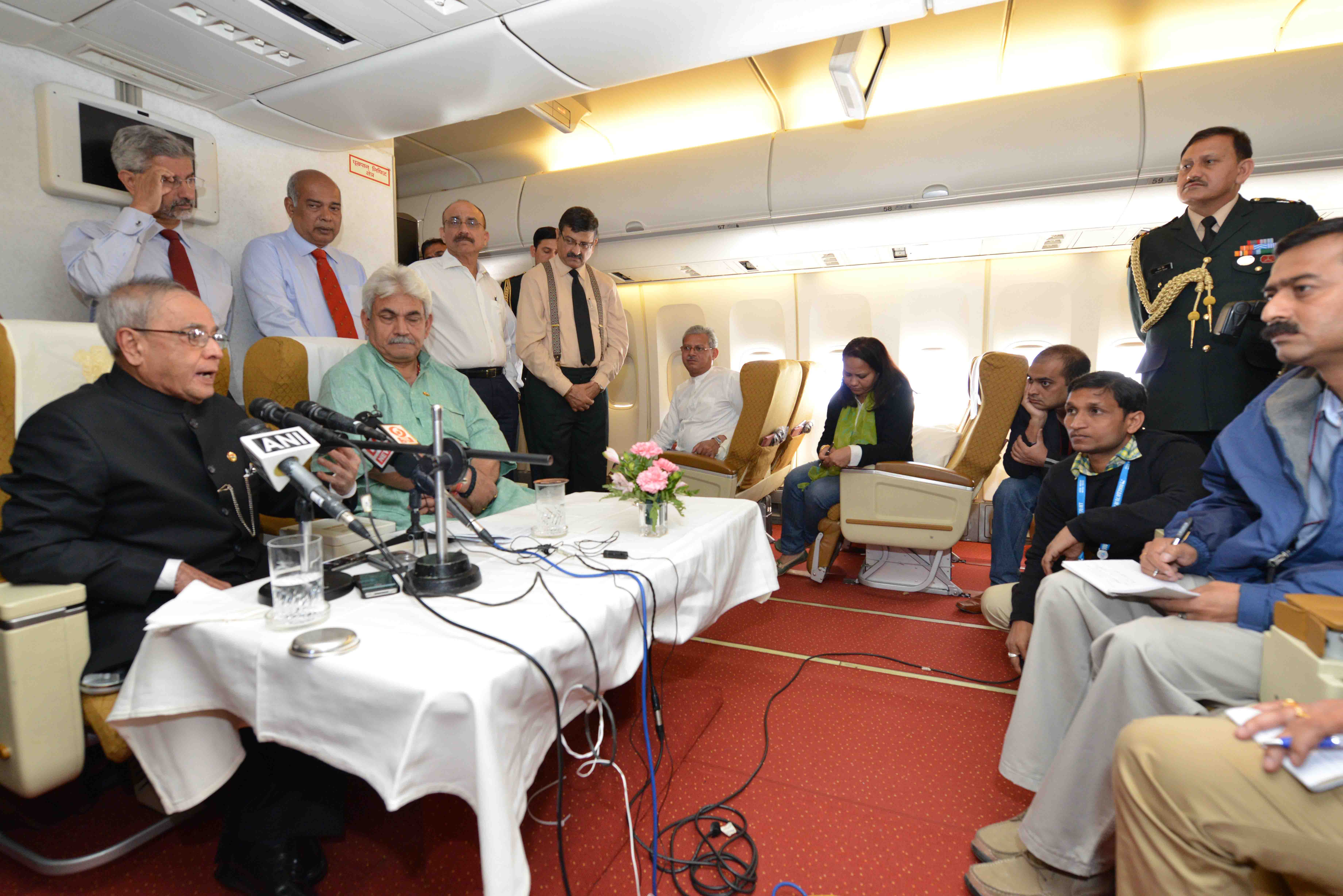 The President of India, Shri Pranab Mukherjee interacting with members of the media on May 11, 2015 on board Air India special aircraft, on his way back to India at the conclusion of his Visit to Russia.