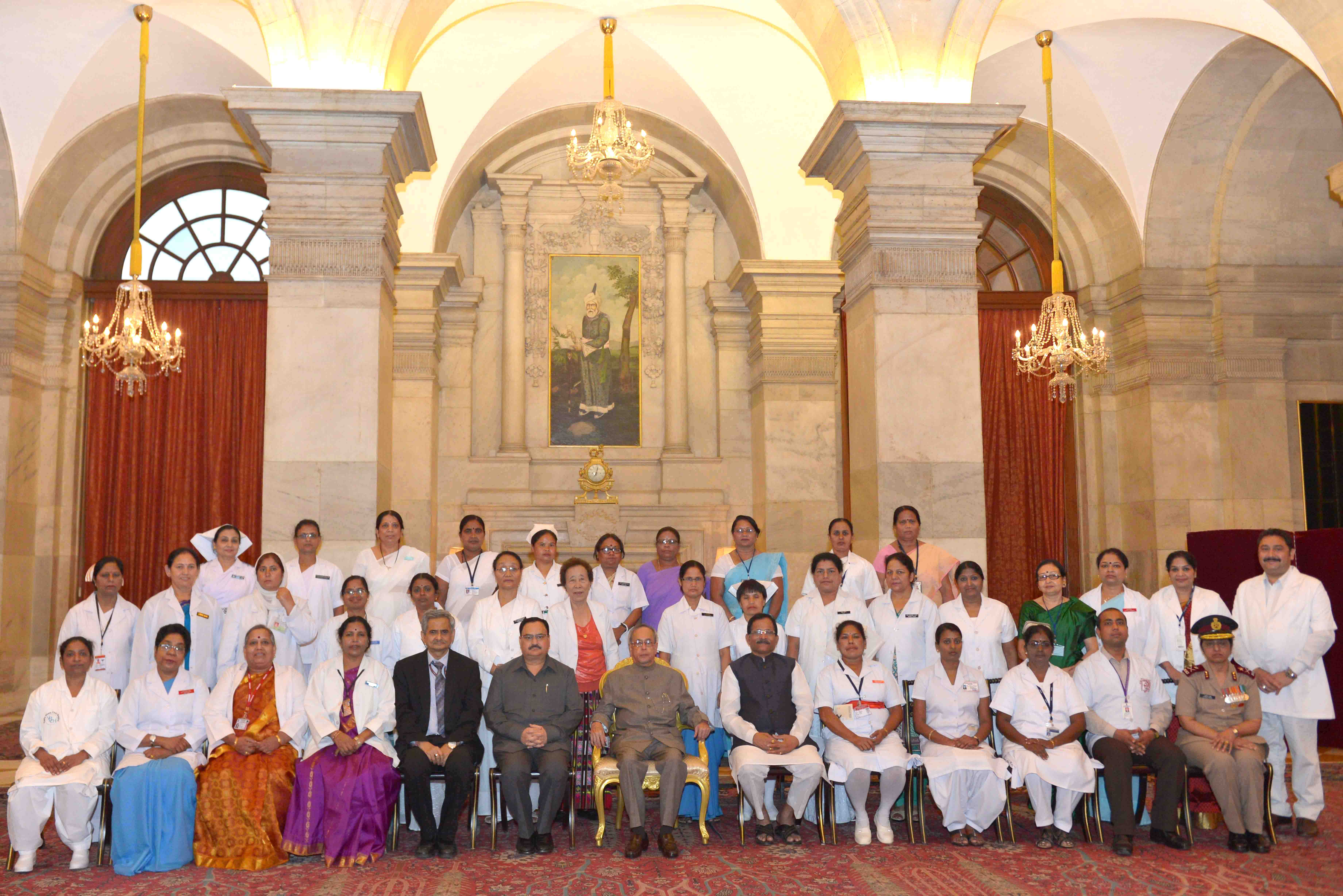 The President of India, Shri Pranab Mukherjee with recipients of National Florence Nightingale Awards for the Nursing Personnel at Rashtrapati Bhavan on May 12, 2015 on the occasion of International Nurses Day.