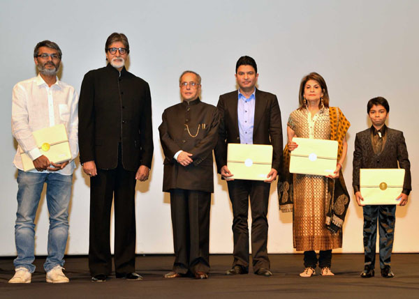 The President of India, Shri Pranab Mukherjee with Amitabh Bachchan and other artists at the Special Screening of 'Bhoothnath Returns', at Rashtrapati Bhavan Auditorium on April 17, 2014. 