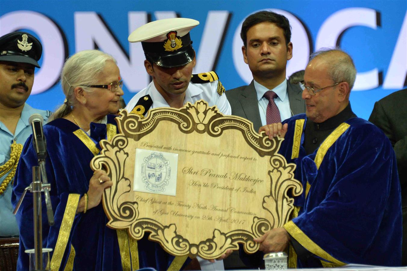 The President of India, Shri Pranab Mukherjee being conferred the Honorary D. Litt. degree by Goa University on the occasion of Annual Convocation of Goa University in Goa on April 26, 2017.