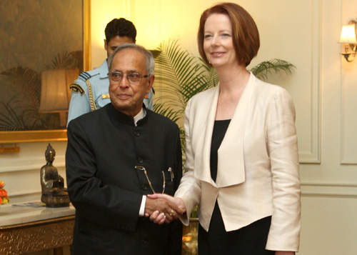 The Prime Minister of Australia, H.E. Ms. Julia Gillard calling on the President of India, Shri Pranab Mukherjee at Rashtrapati Bhavan in New Delhi on October 17, 2012.