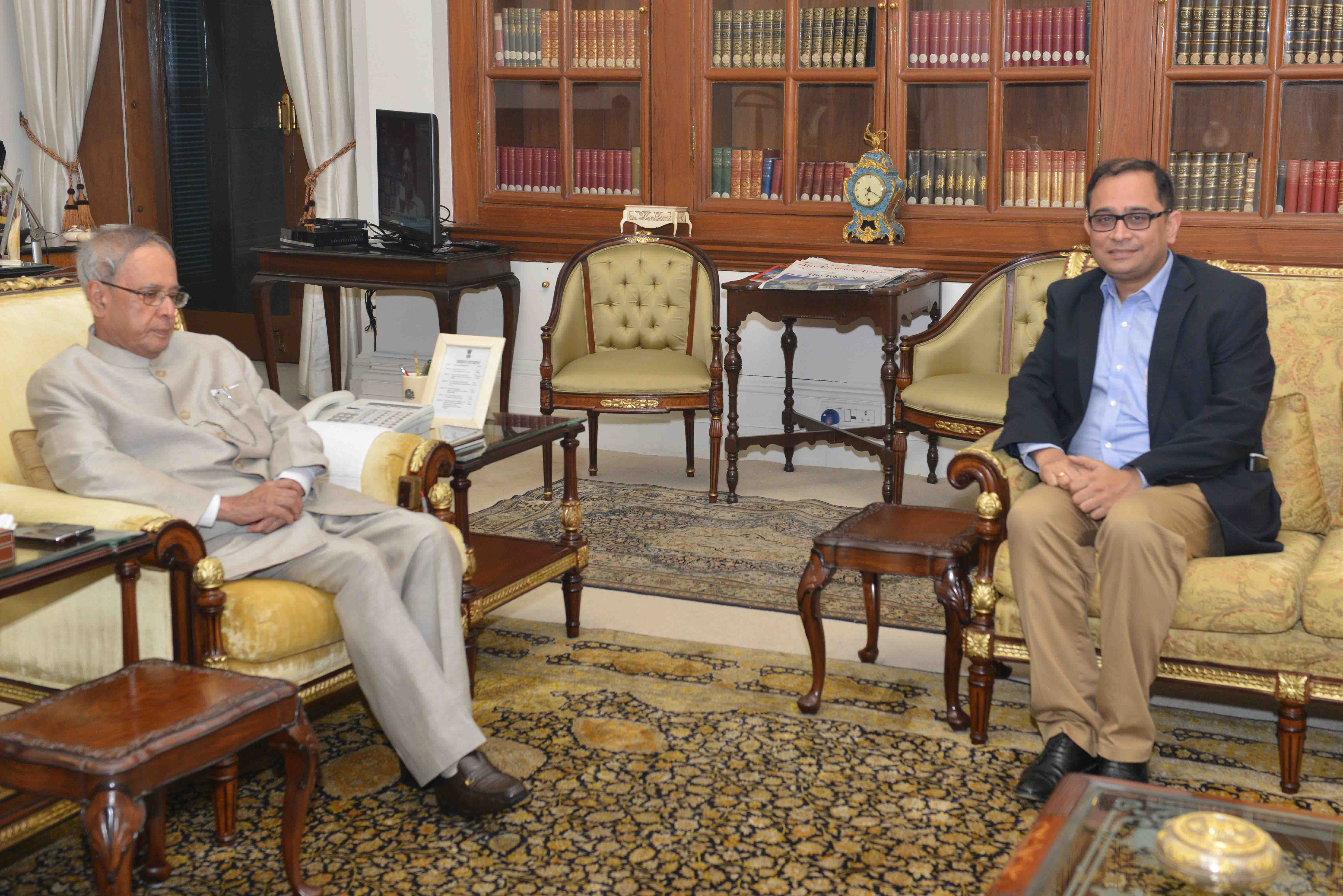 The Ambassador-designate of India to Peru, Shri Sandeep Chakravorty calling on the President of India, Shri Pranab Mukherjee at Rashtrapati Bhavan on June 24, 2015.