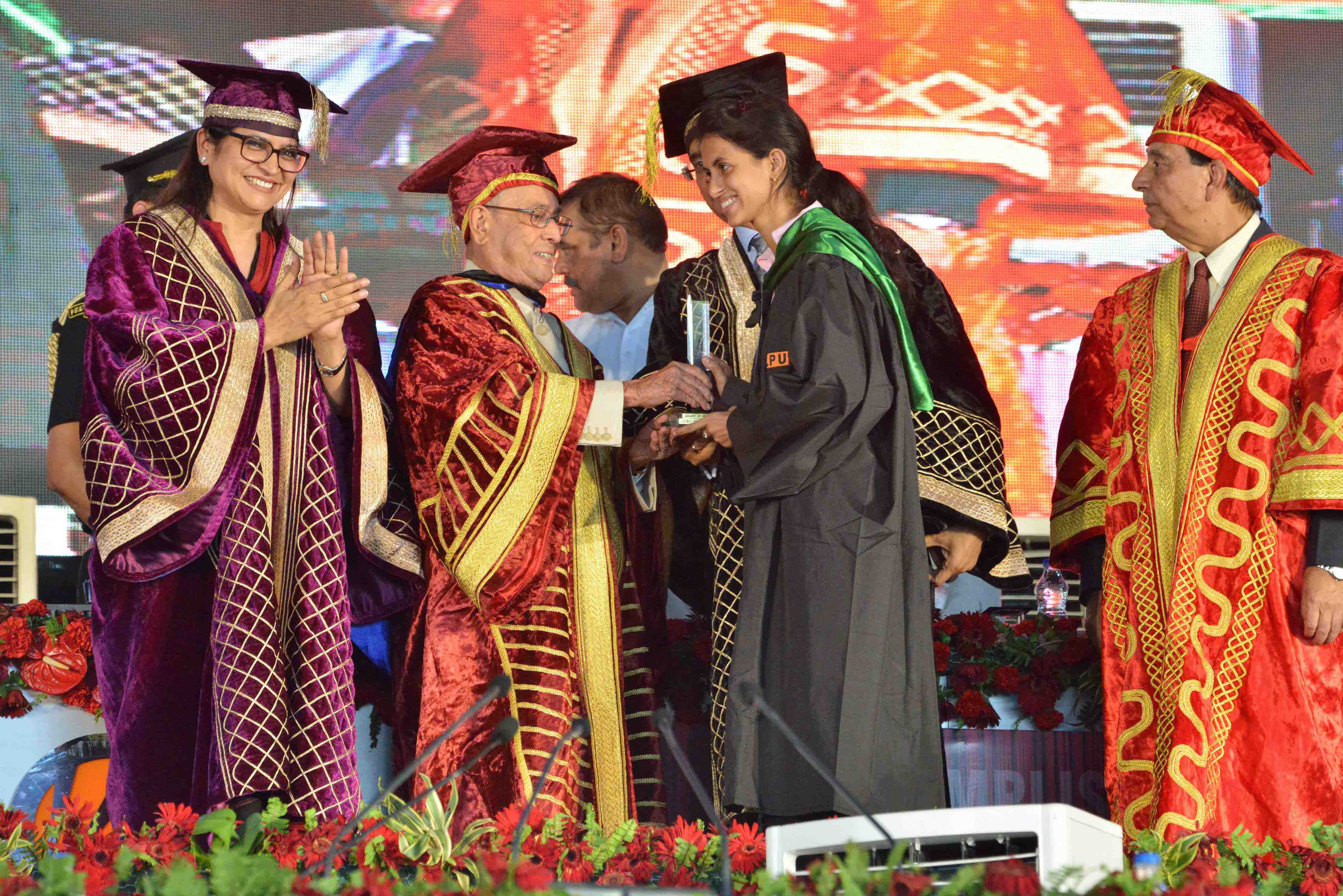 The President of India, Shri Pranab Mukherjee presenting the degree to a student at the 8th Convocation of the Lovely Professional University (LPU) at Phagwara in Punjab on May 2, 2017.