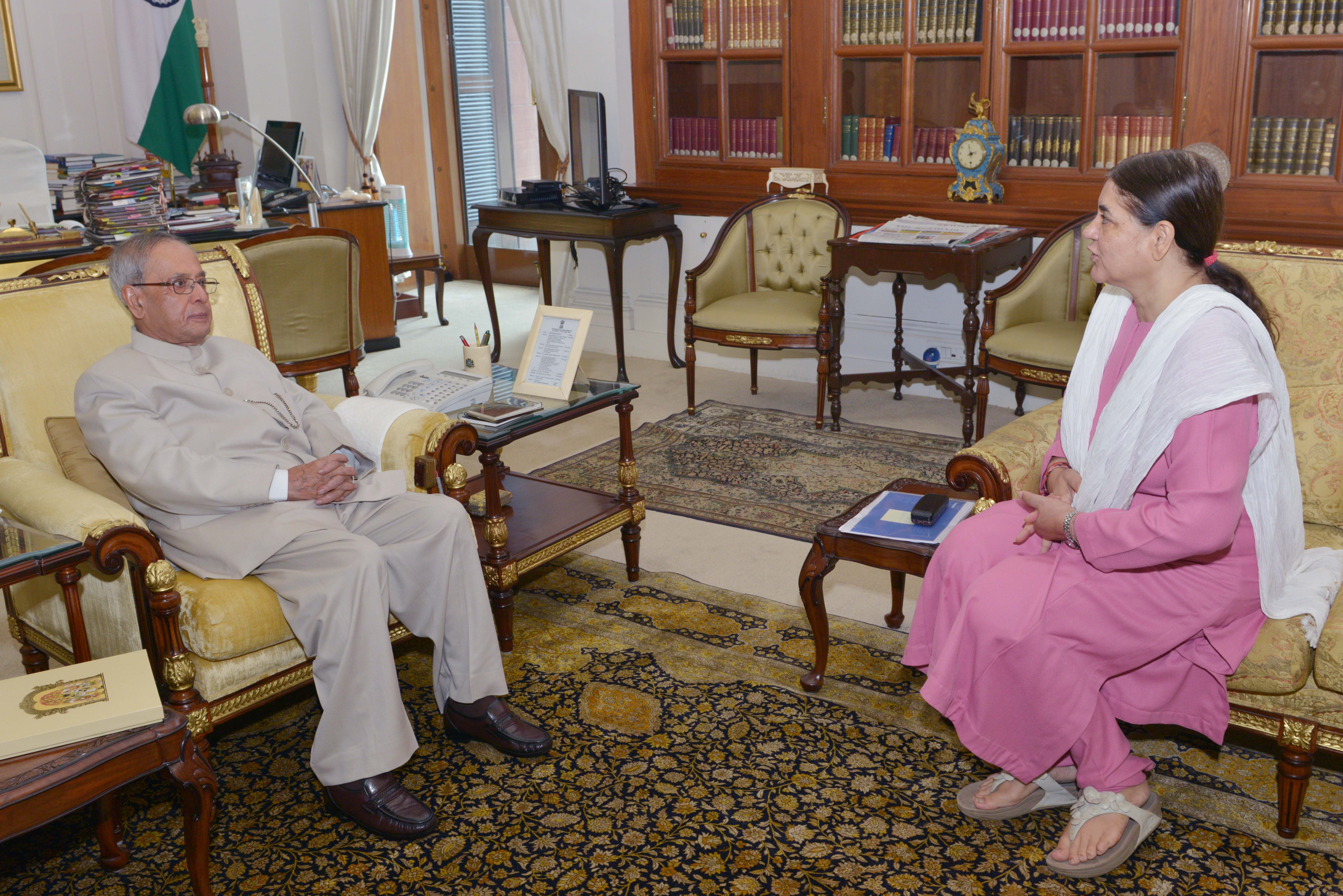 The President of India, Shri Pranab Mukherjee, meeting with Smt. Maneka Sanjay Gandhi, Minister of Women and Child Development at Rashtrapati Bhavan on June 25, 2015.