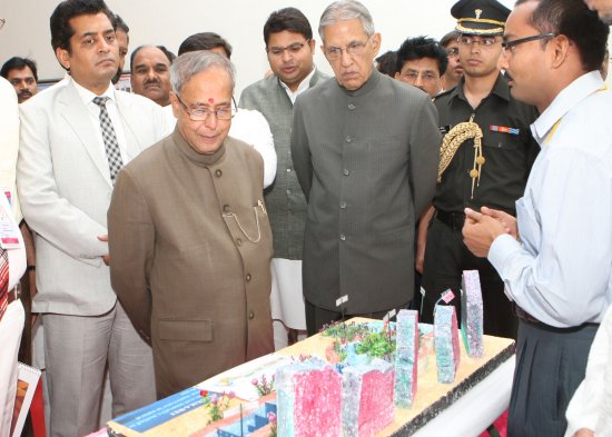 The President of India, Shri Pranab Mukherjee visiting innovation exhibition at Babasaheb Bhimrao Ambedkar University at Lucknow in Uttar Pradesh on May 10. 2013. Also seen is the Governor of Uttar Pradesh, Shri B.L. Joshi.