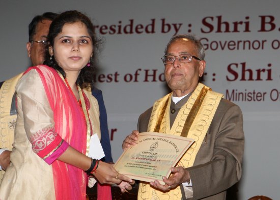 The President of India, Shri Pranab Mukherjee while presenting a degree to the student at the Convocation of Ganesh Shankar Vidyarthi Memorial (GSVM) Medical College at Kanpur in Uttar Pradesh on May 10. 2013.