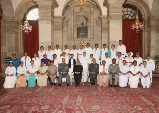 The President of India, Shri Pranab Mukherjee with the winners of the National Florence Nightingale Awards to Nursing Personnel at Rashtrapati Bhavan in New Delhi on May 12, 2013. Also seen is the Union Minister of Health and Family Welfare, Shri Ghulam N