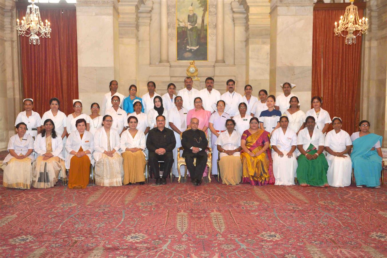 The President of India, Shri Pranab Mukherjee with the recipients of the National Florence Nightingale Awards on the occasion of International Nurses Day at Rashtrapati Bhavan on May 12, 2017.