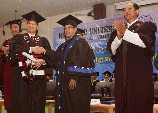 The President of India, Shri Pranab Mukherjee Conferring the Honorary Causa of Degree to the Governor of Odisha Dr. S.C. Jamir at the third Convocation of Nagaland University at Lumami in Nagaland on May 15, 2013. The Governor of Nagaland, Dr. Ashwani Kum