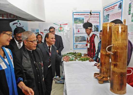 भारत के राष्ट्रपति, श्री प्रणब मुखर्जी 15 मई, 2013 को, नागालैंड के लुमामी में, नागालैंड विश्वविद्यालय द्वारा आयोजित ग्रासरूट नवान्वेषण प्रदर्शनी का अवलोकन करते हुए