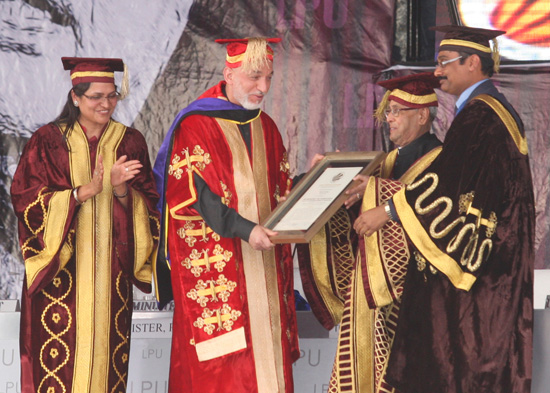 The President of India, Shri Pranab Mukherjee conferring the Degree of Doctorate-Honoris Causa to the President of the Islamic Republic of Afghanistan, His Excellency Mr. Hamid Karzai at the 3rd Annual Convocation of Lovely Professional University at Phag