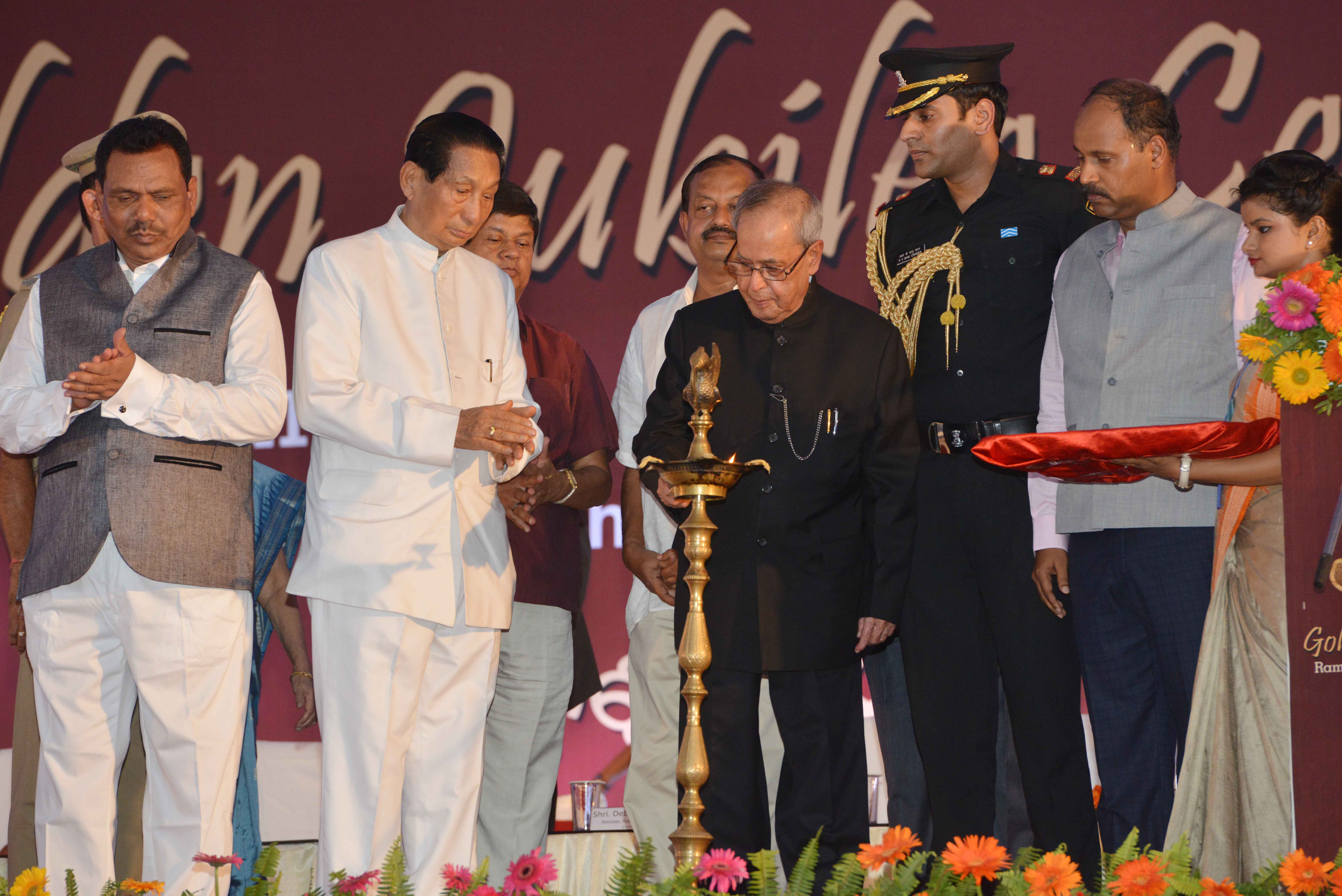 The President of India, Shri Pranab Mukherjee lighting the lamp to inaugurateGolden Jubilee Celebration of Rameswar High School at Rameswar village of Khurda district in Odisha on August 7, 2015.