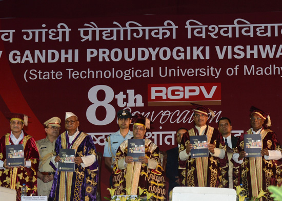 The policy on women’s safety, security and empowerment of Rajiv Gandhi Proudyogiki Vishwavidyalaya released and first copy being presented to the President of India, Shri Pranab Mukherjee on the occasion of the 8th Convocation of Rajiv Gandhi Proudyogiki