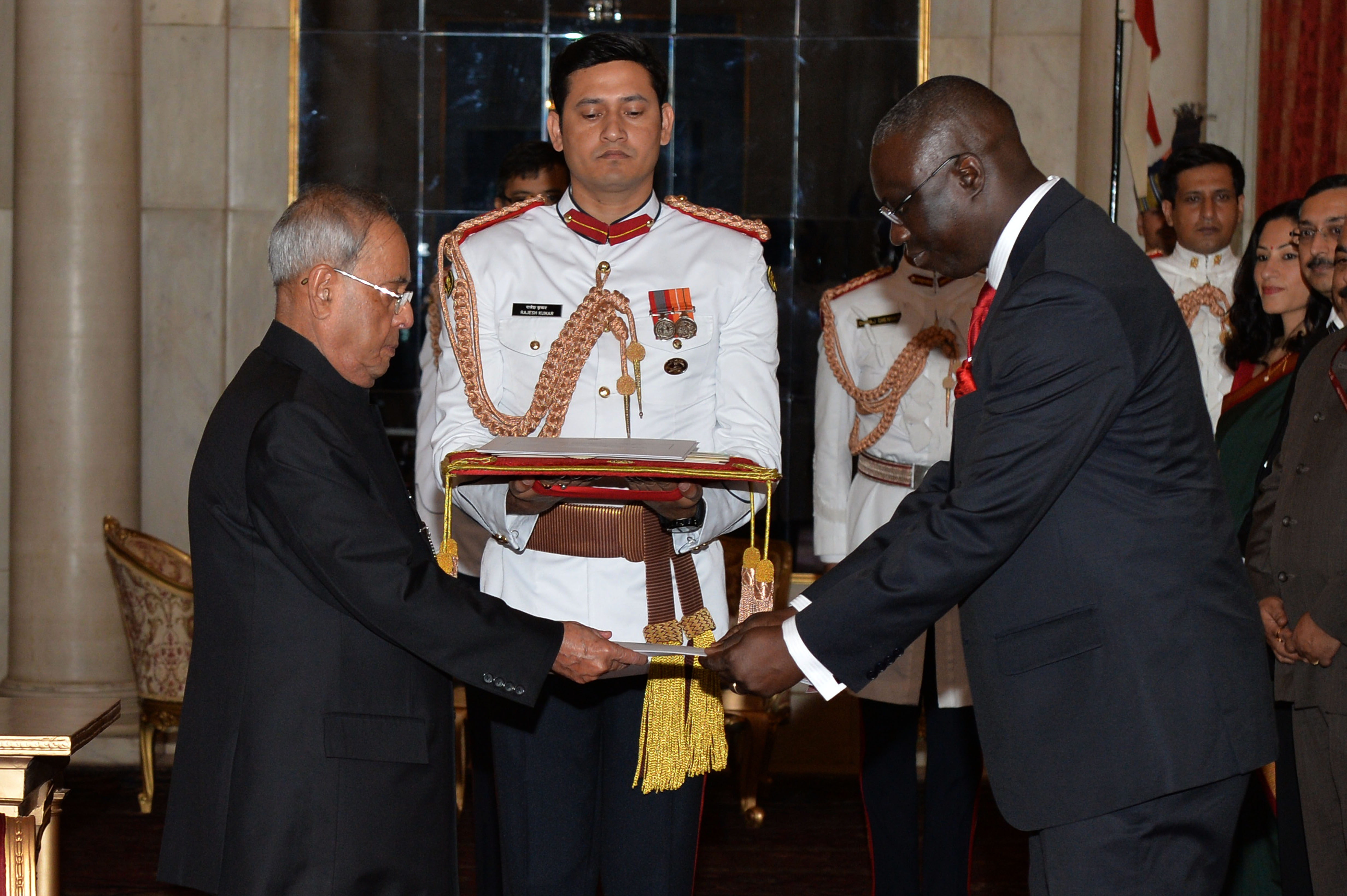 The Ambassador of Mongolia, His Excellency Mr. Gonchig Ganbold presenting his Credential to the President of India, Shri Pranab Mukherjee at Rashtrapati Bhavan on September 02, 2015.