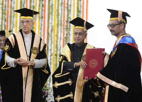 The President of India, Shri Pranab Mukherjee presenting Doctor of Science (Honoris Causa) to the eminent Physicist, Dr. Ashoke Sen at the 45th Annual Convocation of IIT Kanpur in Uttar Pradesh on July 5, 2013. Also seen is the Governor of Uttar Pradesh,