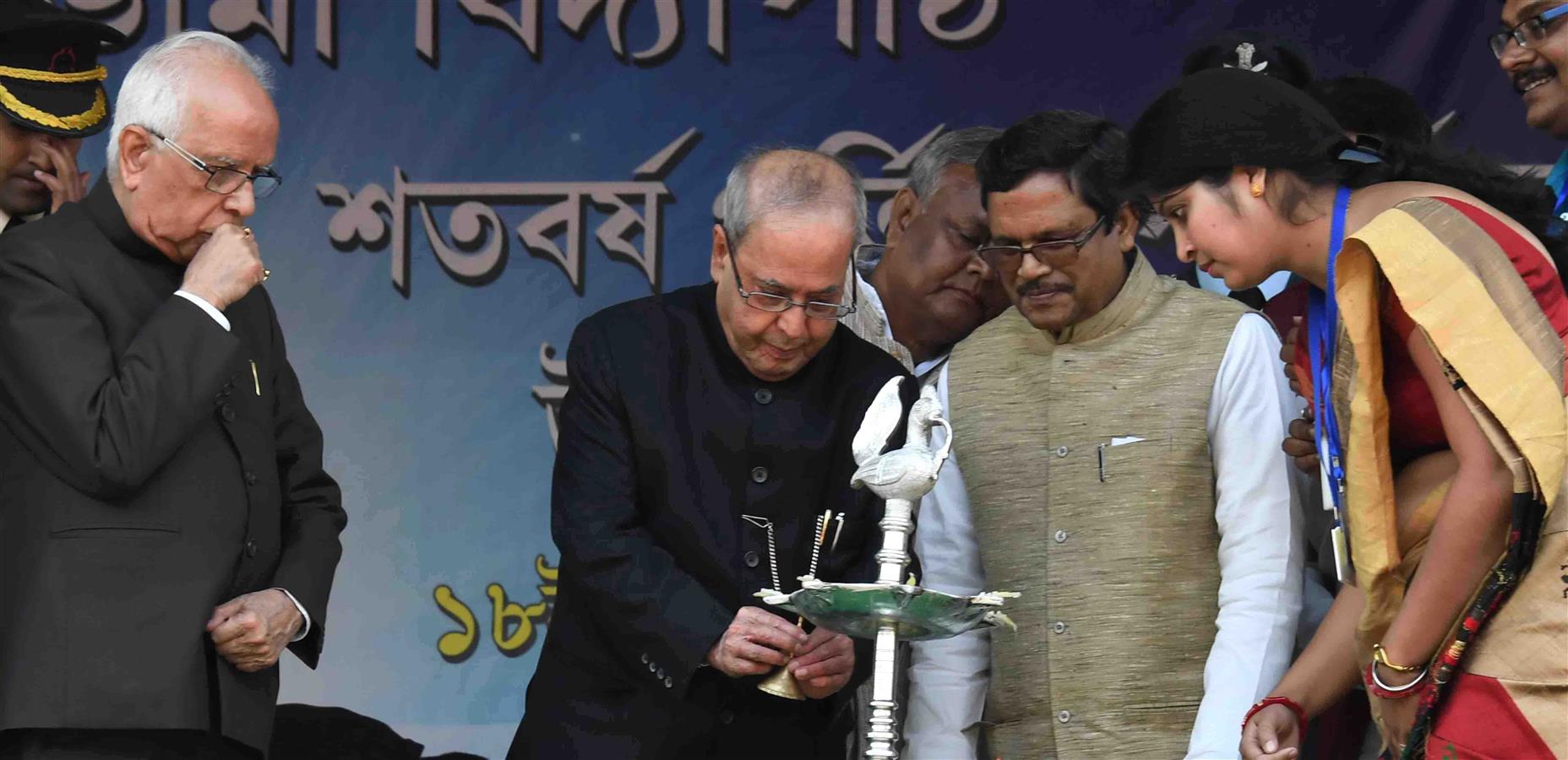 The President of India, Shri Pranab Mukherjee lighting the lamp at the inauguration of centenary Year Celebrations of Jhalda Satyabhama Vidyapith at Jhalda, Purulia in West Bengal on January 18, 2017.