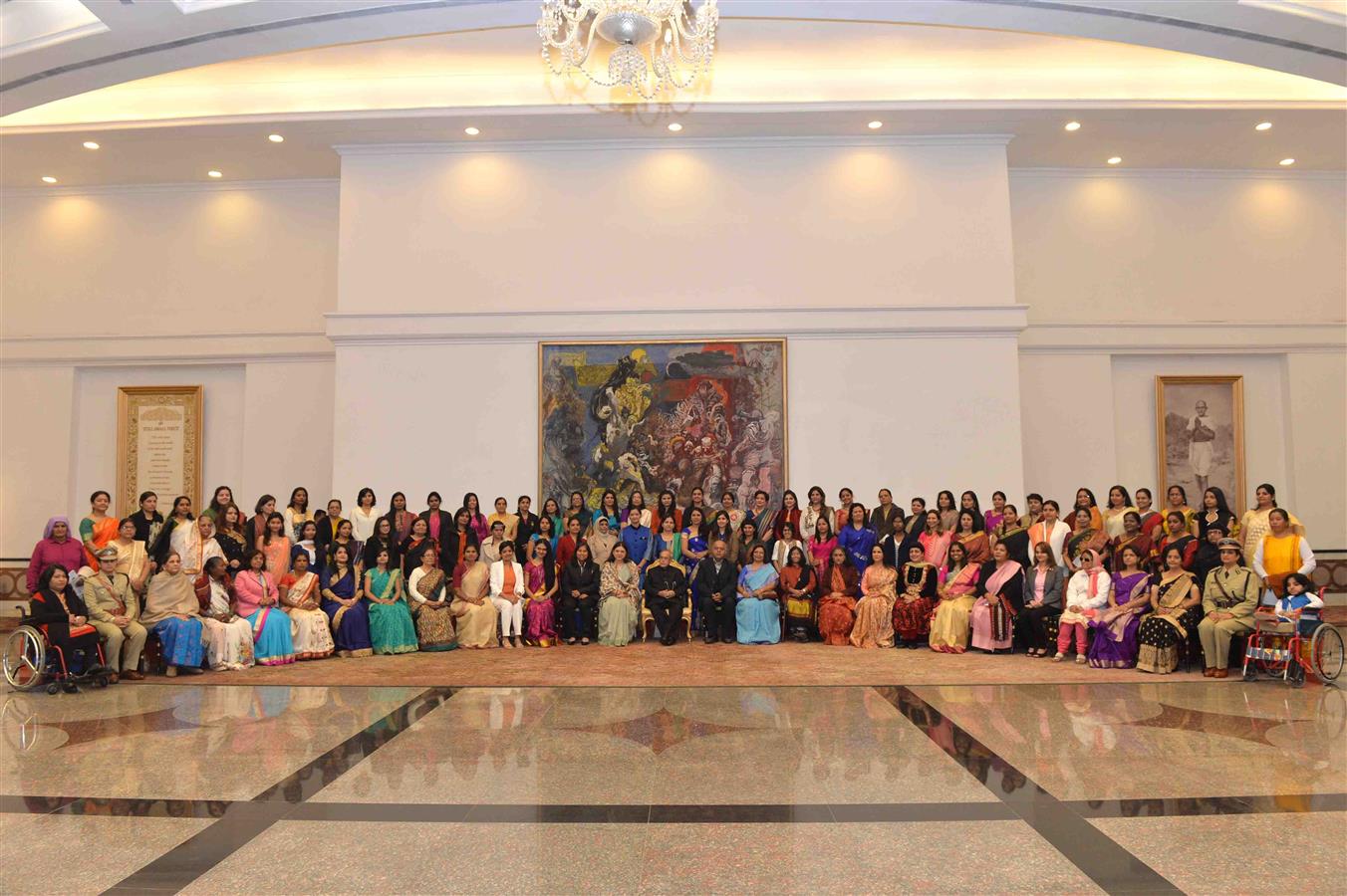 The President of India Shri Pranab Mukherjee with 100 Women Achievers of India selected by the Ministry of Women and Child Development in collaboration with Facebook vide contest through Public Nominations at Rashtrapati Bhavan on January 22, 2016 