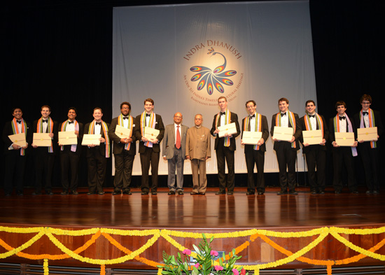 The President of India, Shri Pranab Mukherjee with the artists after witnessing the performance by the Harvard Krokodiloes at Rashtrapati Bhavan Auditorium in New Delhi on July 20, 2013.