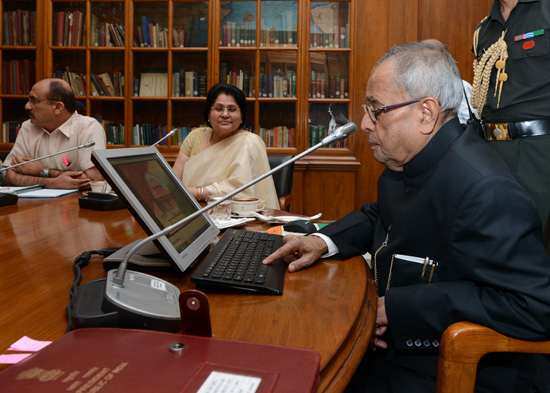 The President of India, Shri Pranab Mukherjee launching the Digital Photo Library, The Presidency: Video Glimpses of First Year, President’s Engagements on Aakash Tablet & Catalogue of Old & Rare Books in Rashtrapati Bhavan as well as Audio Visual Sectio