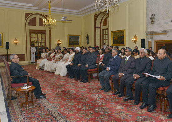 The President of India, Shri Pranab Mukherjee interacting with Probationers of Indian Forest Service 2012 Batch from Indira Gandhi National Forest Academy, Dehradun at Rashtrapati Bhavan in New Delhi on August 6, 2013.