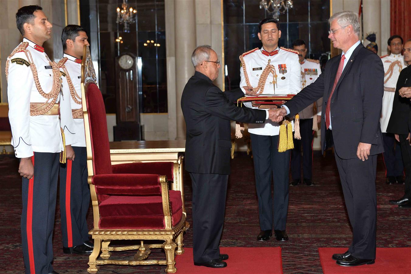 The Ambassador of the Kingdom of Denmark, H.E. Mr. Peter Taksoe-Jensen presenting his Credential to the President of India, Shri Pranab Mukherjee at Rashtrapati Bhavan on September 28, 2015.