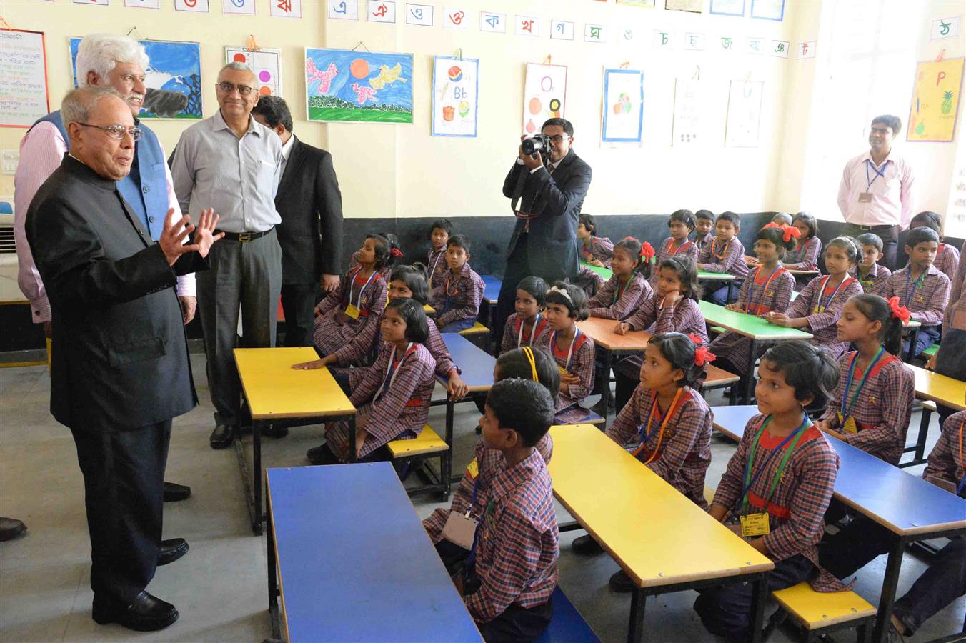 The President of India, Shri Pranab Mukherjee interacting with the students at the inauguration of the new school of Satya Bharti Foundation at Kanidighi in Murshidabad district of West Bengal on July 14, 2017.