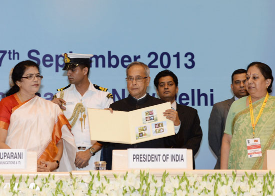 The President of India, Shri Pranab Mukherjee releasing a Commemorative Postage Stamp at the inaugural function of the 11th Asian Pacific Postal Union (APPU) Congress at Vigyan Bhavan, New Delhi on September 3, 2013. Also seen are the Union Minister of St