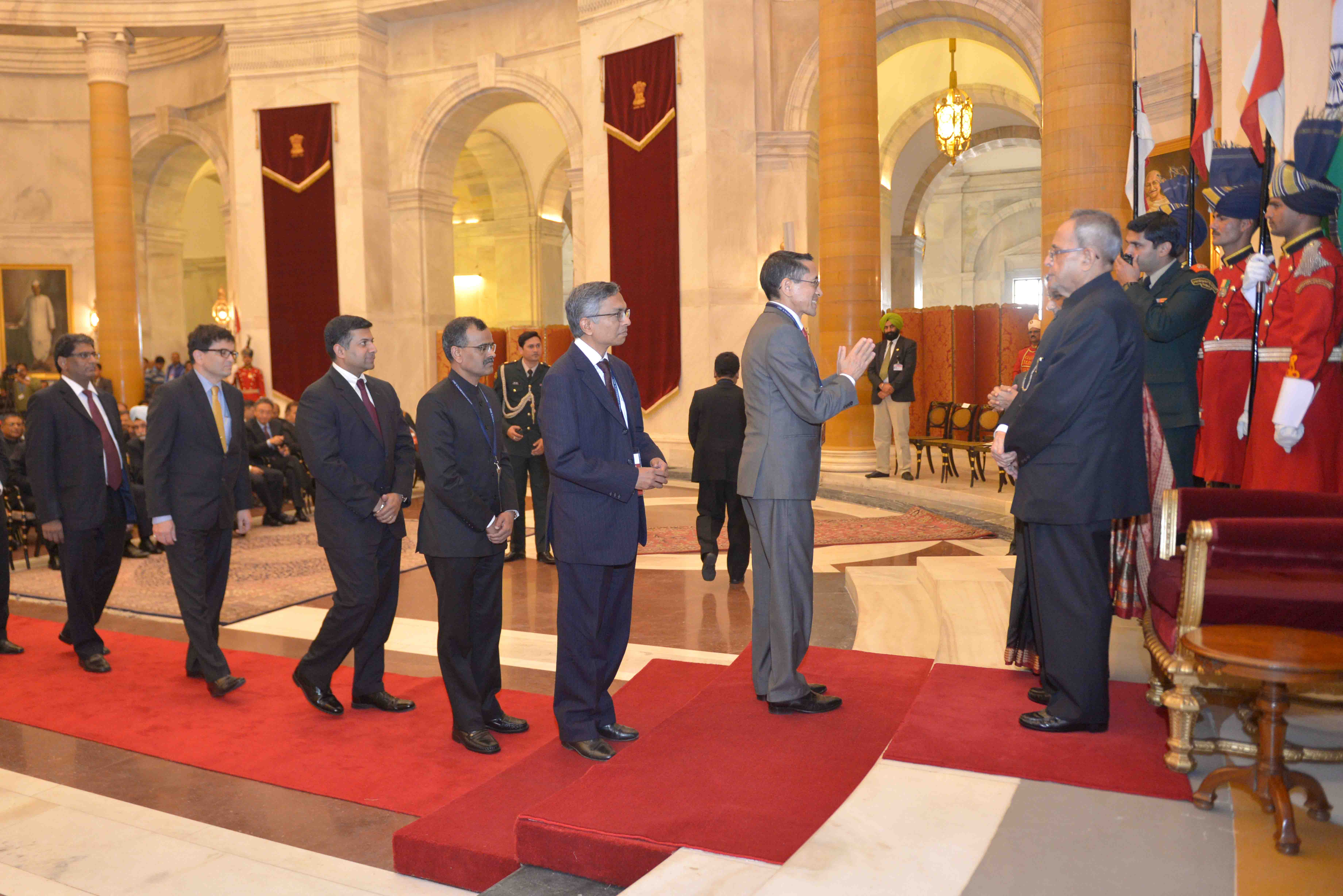 The President of India, Shri Pranab Mukherjee meeting the delegates of Sixth Annual Heads of Mission Conference at Rashtrapati Bhavan on February 8, 2015.