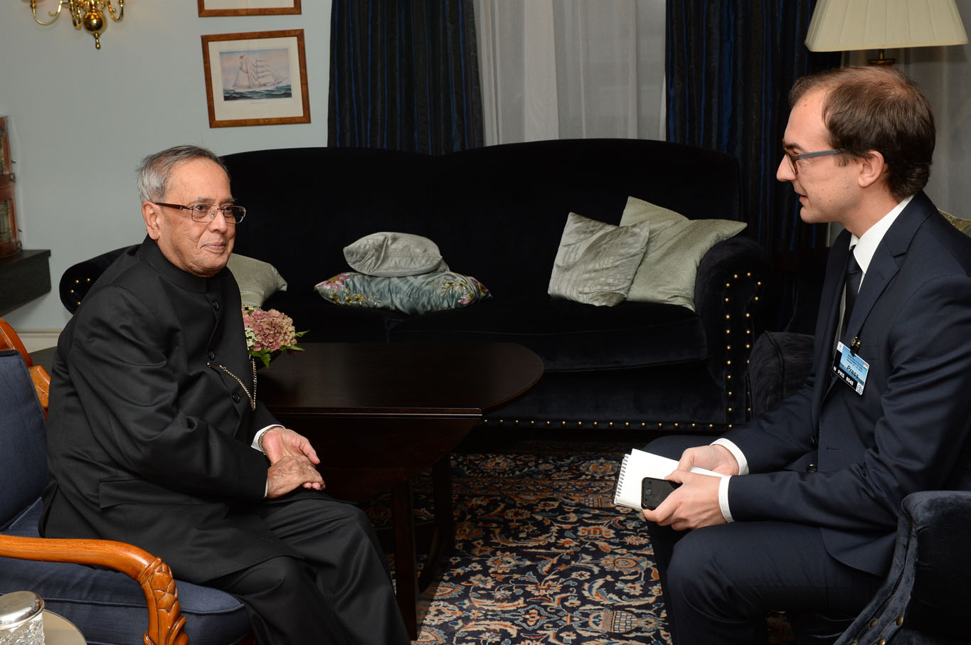 The President of India, Shri Pranab Mukherjee being interviewed by the Norwegian Journalist i VGs Utenriksgrouppe, Mr. Stian Eisentrager at Norway in OSLO on October 12, 2014. 