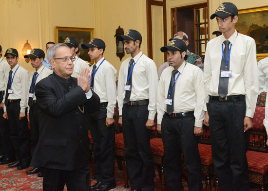 The President of India, Shri Pranab Mukherjee meeting the youths from Rajouri District of Jammu and Kashmir at Rashtrapati Bhavan in New Delhi on September 13, 2013. The youths are attending the Operation Sadbhavana Tour organized by the 43 Rashtriya Rifl