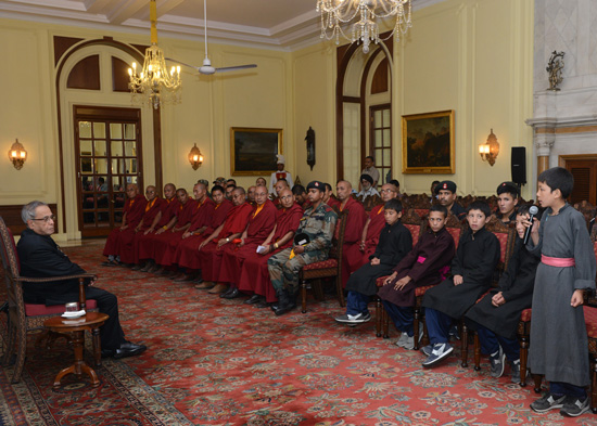 The President of India, Shri Pranab Mukherjee interacting the students from Nubra Valley, Eastern Ladakh and monks from Ladakh at Rashtrapati Bhavan in New Delhi on September 17, 2013. They students and monks are attending Operation Sadbhavana tour organi