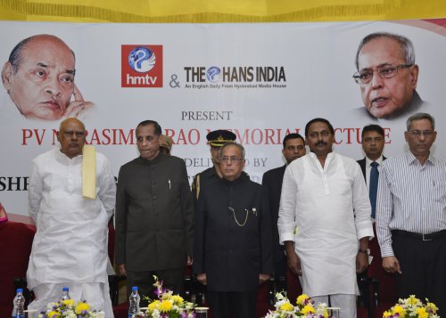 The President of India, Shri Pranab Mukherjee attending the P.V. Narasimha Rao Memorial Lecture at Hyderabad in Andhra Pradesh on December 31, 2012. Also seen are (left to right) the Governor of Tamil Nadu, Dr. K. Rosaiah, Governor of Andhra Pradesh, Shri