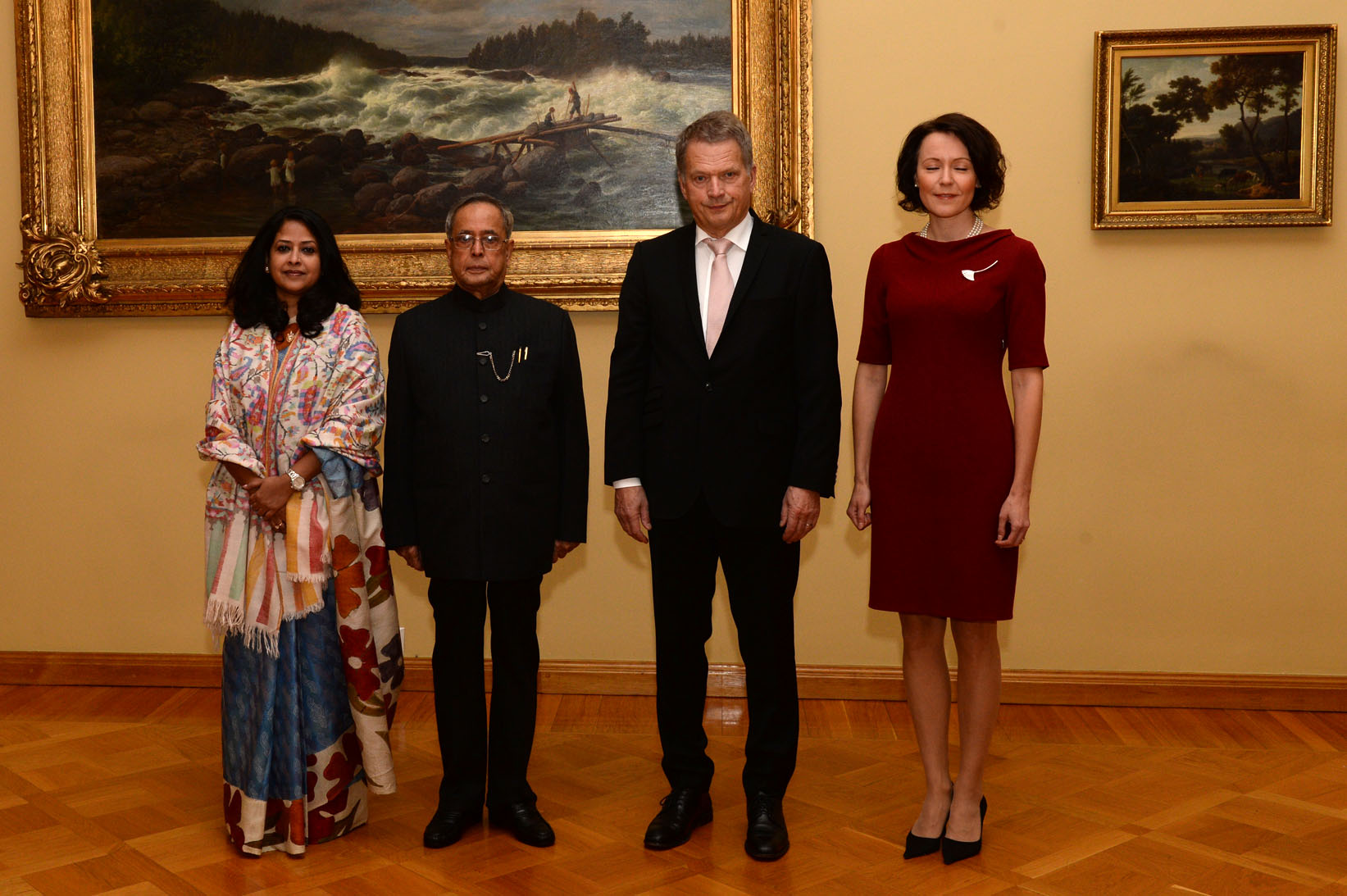 The President of India, Shri Pranab Mukherjee during the Photo Opportunity with the President of Finland. H.E. Mr Sauli Niinisto along with his wife, Mrs. Jenni Haukio at Presidential Palace in Helsinki, Finland on October 15, 2014. Ms. Sharmistha Mukherj 