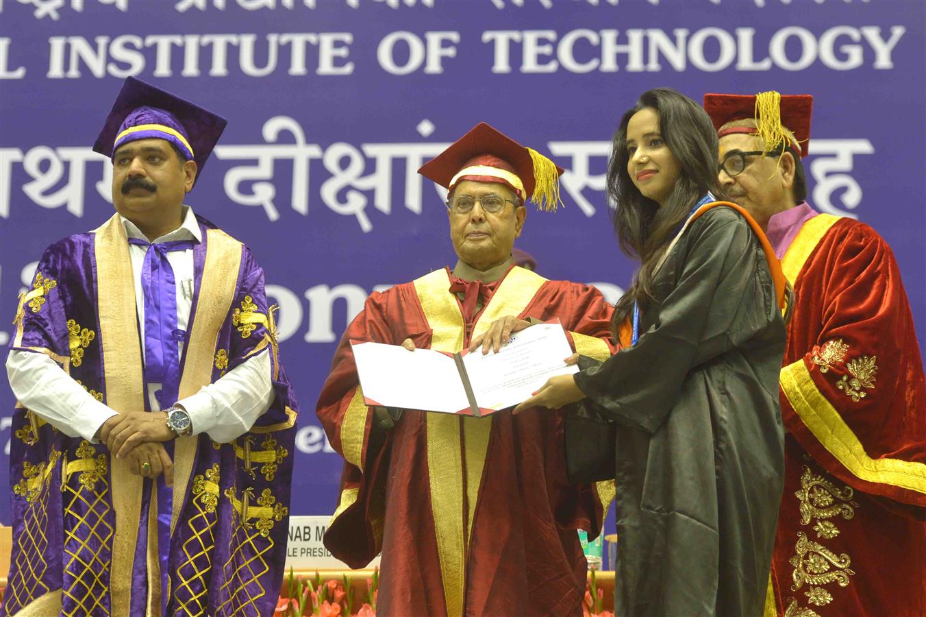 The President of India, Shri Pranab Mukherjee presenting the degree to a student at the First Convocation of the National Institute of Technology(NIT), Delhi at Vigyan Bhavan in New Delhi on September 7, 2016. 