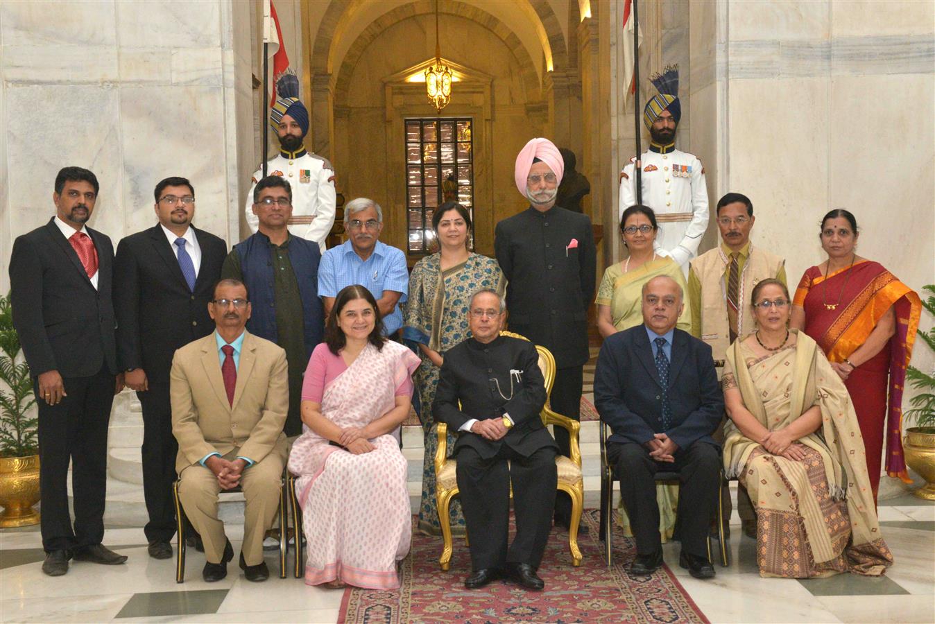 The President of India, Shri Pranab Mukherjee with recipients of Rajiv Gandhi Manav Seva Awards 2015 on the occasion of Children’s Day at Rashtrapati Bhavan on November 14, 2015.