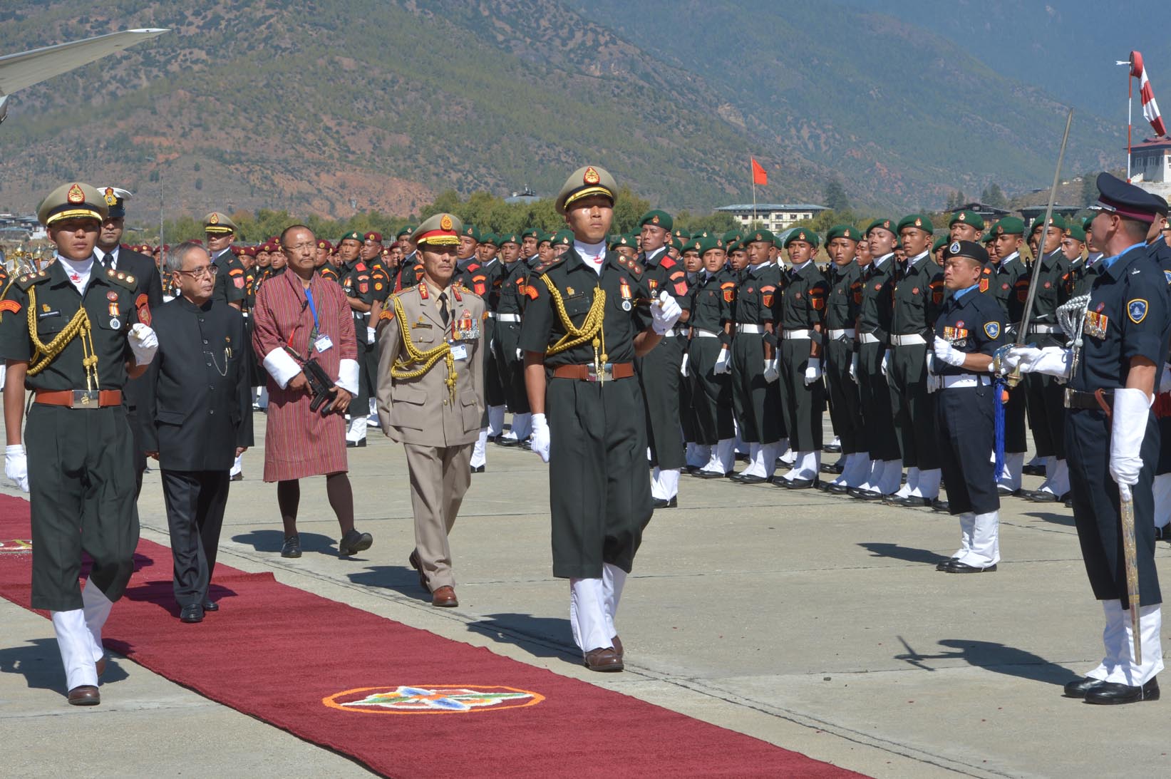 The President, Shri Pranab Mukherjee receiving the Guard of Honour on his arrival at Paro International Airport in Bhutan on November 07, 2014. 