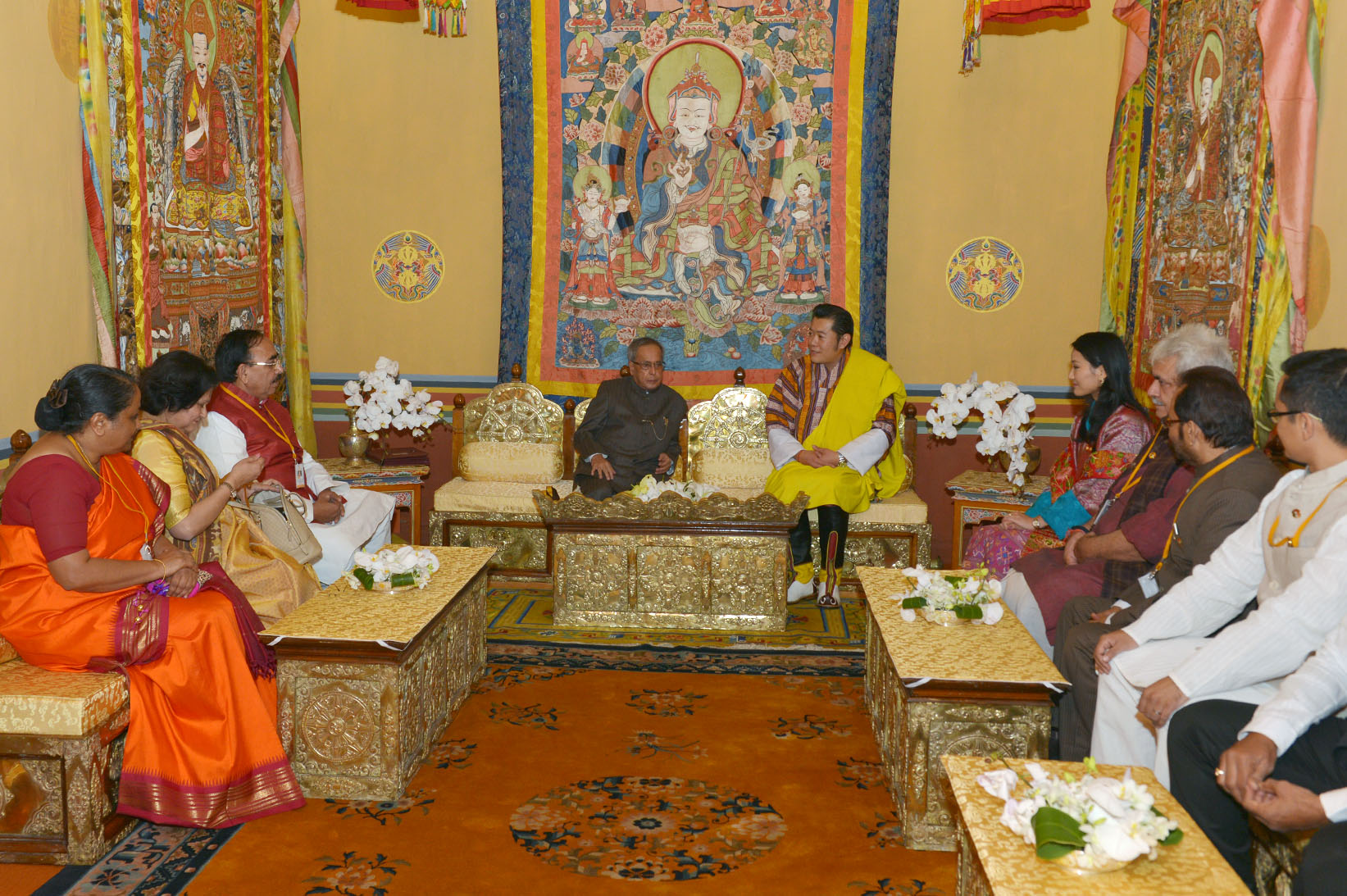 The President of India, Shri Pranab Mukherjee along with his delegation members meeting with King of Bhutan, His Majesty King Jigme Khesar Namgyel Wangchuck at Tashichhodzong in Thimphu, Bhutan on November 07, 2014. 