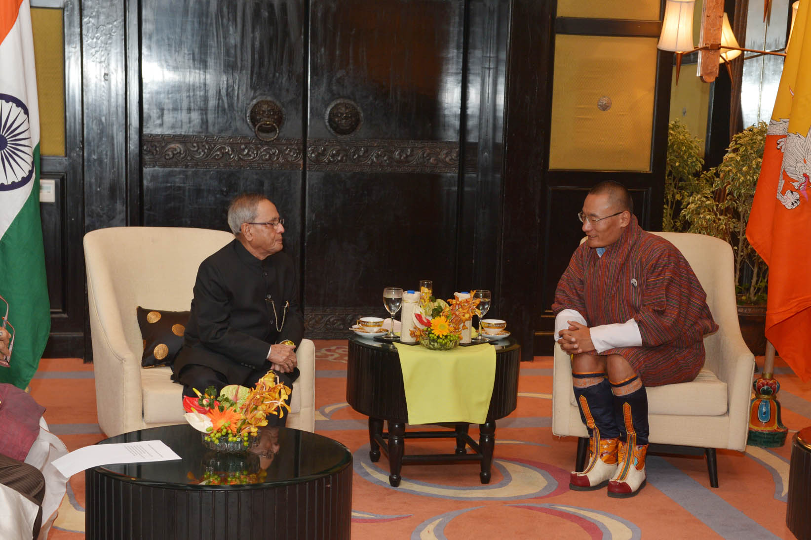 The Prime Minister of Bhutan, H.E. Mr. Tshering Tobgay calling on the President of India, Shri Pranab Mukherjee at Thimpu in Bhutan on November 7, 2014. 