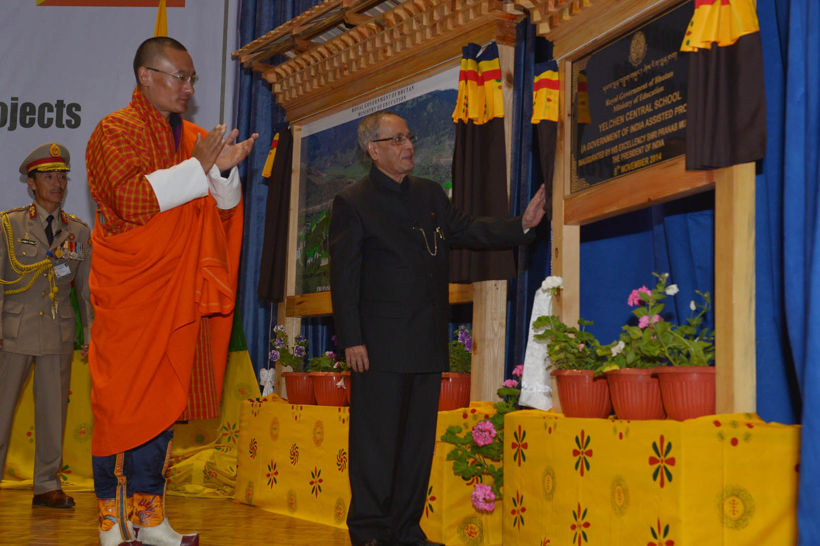 The President of India, Shi Pranab Mukherjee launching School Reform Project and inaugurating the Yelchen Central School at Thimpu in Bhutan on November 8, 2014. Also seen is the Prime Minister of Bhutan, Mr. Tshering Tobgay. 