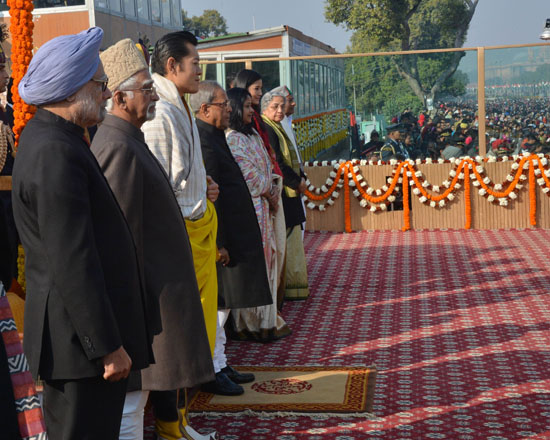 The President of India, Shri Pranab Mukherjee, the Chief Guest at the 64th Republic Day Celebrations, the King of Bhutan, His Majesty, Jigme Kheser Namgyel Wangchuck, the Vice President of India, Shri M. Hamid Ansari and the Prime Minister of India, Dr.