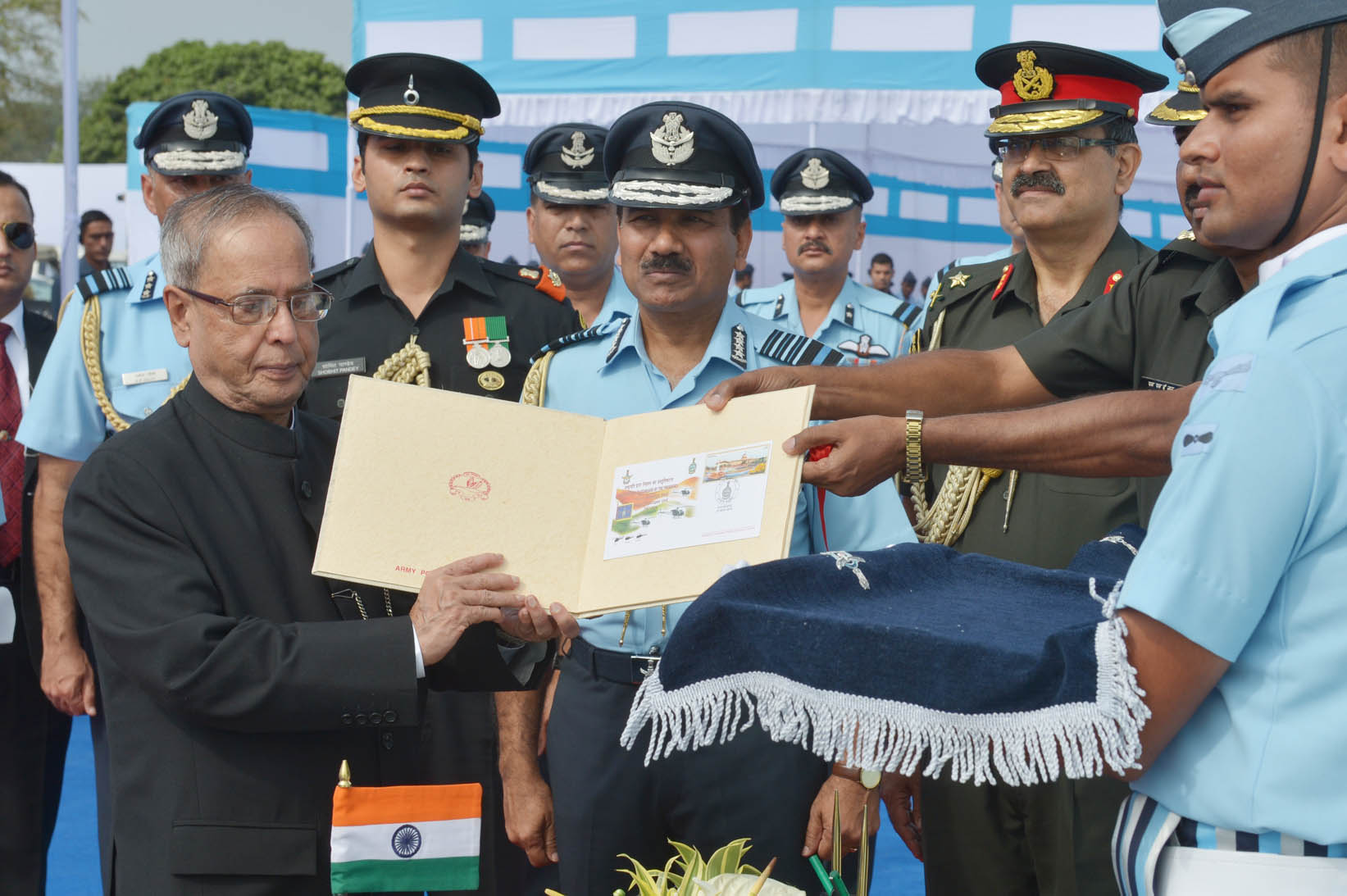 The President of India, Shri Pranab Mukherjee releasing the Special Cover on the occasion of the presentation of President’s Standards to 115 HU and 26 Sqn of Indian Air Force at Tezpur in Assam on November 21, 2014. Also seen is the Chief of Air Staff, A 