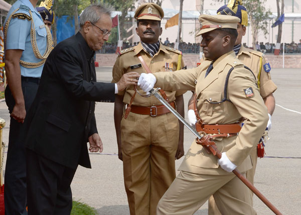 The President of India, Shri Pranab Mukherjee during Dikshant Parade of the Indian Poice Service Probationers of 2012 Batch at Sardar Vallabhbhai Patel National Police Academy at Hyderabad in Andhra Pradesh on November 5, 2013.